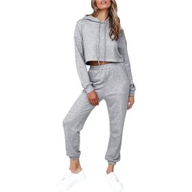 2 Piece Outfits for Women Crewneck Long Sleeve Crop Tops and Wide Leg Pants Sets (Color: Grey, size: M)