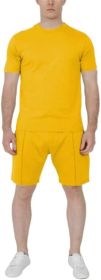 Men's Pure Color Casual Suits Loose Version Sport Suits Short Sleeve T-Shirt + Shorts Two Sets (Color: Yellow-XXL)