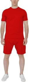 Men's Pure Color Casual Suits Loose Version Sport Suits Short Sleeve T-Shirt + Shorts Two Sets (Color: Red-S)
