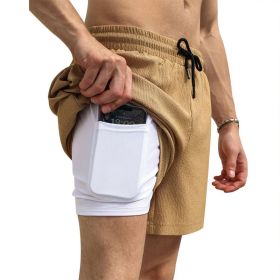 Men's 2 in 1 Running Shorts Athletic Shorts with Liner (Color: Khaki, size: S)