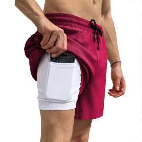 Men's 2 in 1 Running Shorts Athletic Shorts with Liner (Color: Red, size: XL)