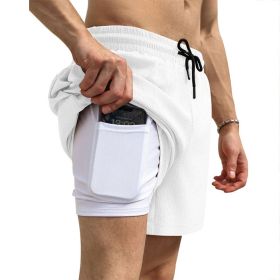 Men's 2 in 1 Running Shorts Athletic Shorts with Liner (Color: White, size: XL)