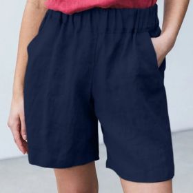 Cotton Linen Solid Shorts Female Elastic Waist Knee-length Pocket Short Women 2021 Summer Fashion Thin Soft Women's Homewear (Color: Deep Blue, size: XXXL)