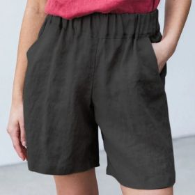 Cotton Linen Solid Shorts Female Elastic Waist Knee-length Pocket Short Women 2021 Summer Fashion Thin Soft Women's Homewear (Color: Black, size: M)