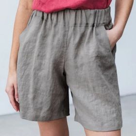 Cotton Linen Solid Shorts Female Elastic Waist Knee-length Pocket Short Women 2021 Summer Fashion Thin Soft Women's Homewear (Color: Gray, size: XXL)
