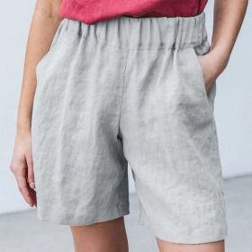 Cotton Linen Solid Shorts Female Elastic Waist Knee-length Pocket Short Women 2021 Summer Fashion Thin Soft Women's Homewear (Color: White, size: S)