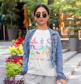 Yoga Poses Print Jersey Short Sleeve Tee (Color: White, size: XS)