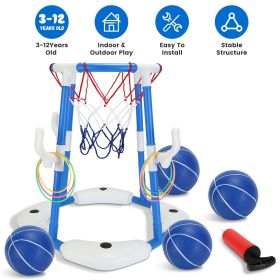 Summer Pool Basketball Hoop Toy Set With 4 Basketballs 4 Circles Pump Floating Swimming Pool Basketball Games Poolside Water Play Toy For 3-12Years Ol (Color: Blue)
