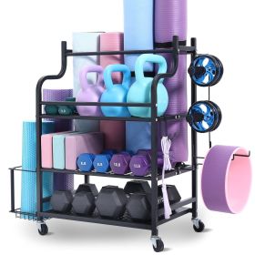 Yoga Mat Storage Rack, Home Gym Workout Equipment Organizer, Powder Coated Finish Steel Yoga Mat Holder with Hooks & Wheels, Weight Rack for Dumbbell (Size - Length: 30.5 inch)