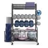 Yoga Mat Storage Rack, Home Gym Workout Equipment Organizer, Powder Coated Finish Steel Yoga Mat Holder with Hooks & Wheels, Weight Rack for Dumbbell