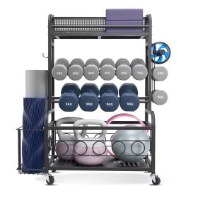 Yoga Mat Storage Rack, Home Gym Workout Equipment Organizer, Powder Coated Finish Steel Yoga Mat Holder with Hooks & Wheels, Weight Rack for Dumbbell (Size - Length: 31.3 inch)